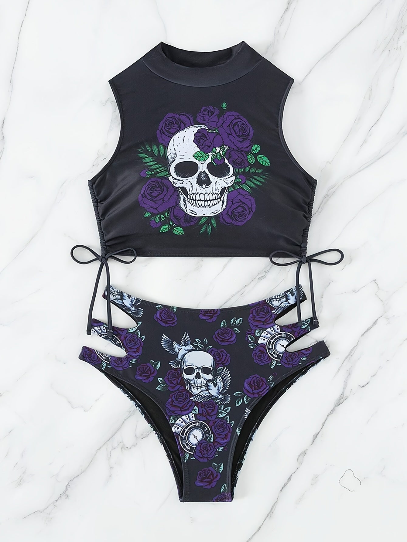 2-teiliges Bikini-Set im Gothic-Punk-Stil mit Rosen-Totenkopf-Print