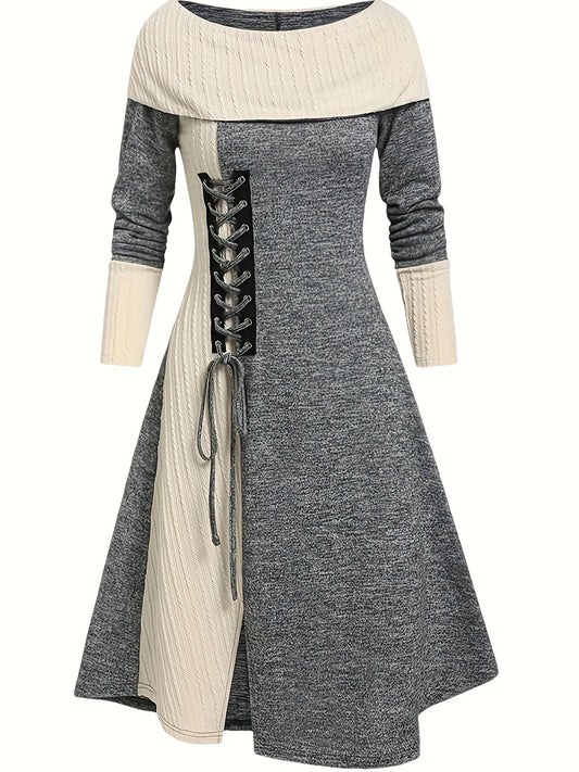 Elegantes Strickkleid mit gestreiftem Kragen und Schnürdetail Damenkleid