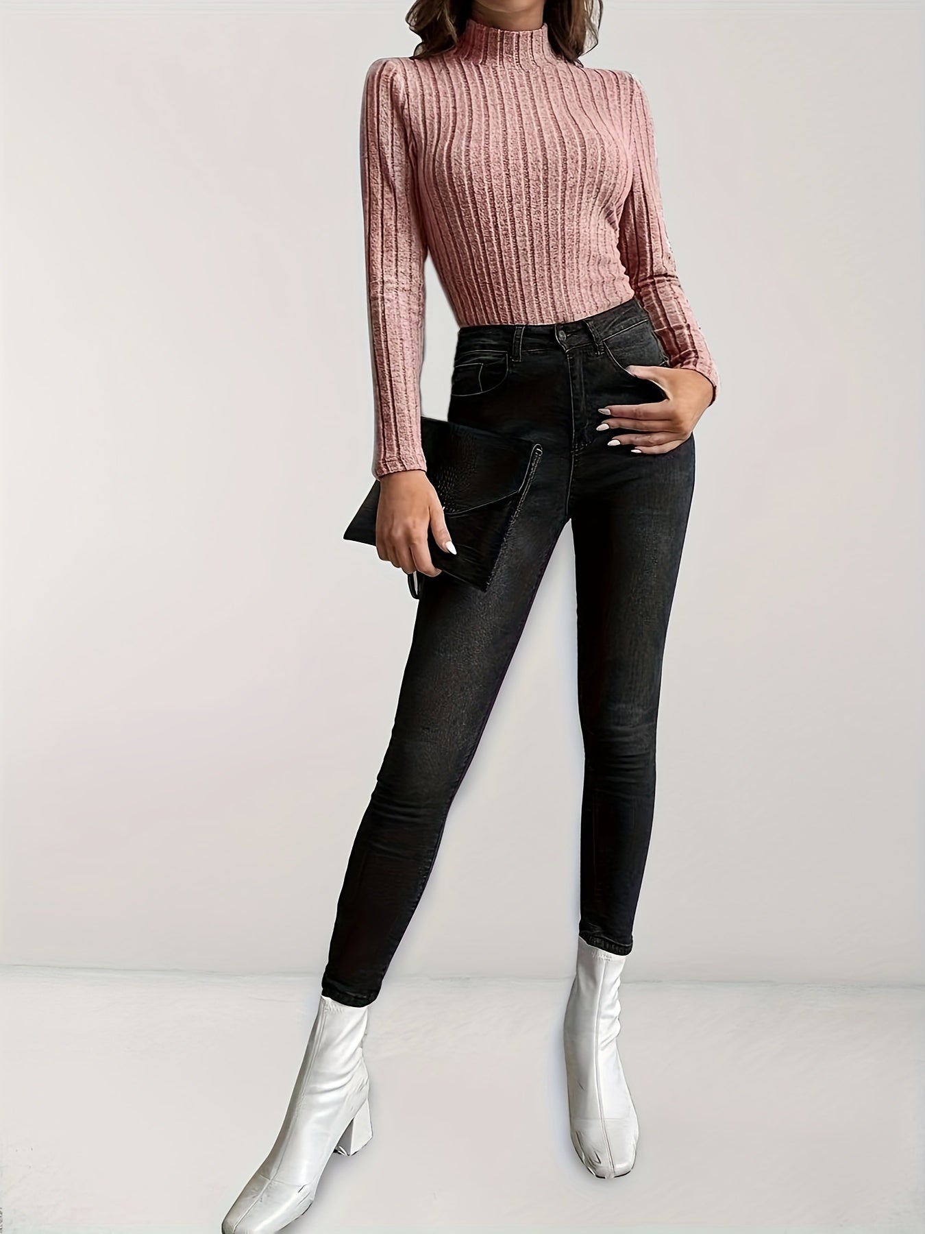 Einfarbiges Long-Shirt mit Rundhalsausschnitt, Pullover Rollkragen