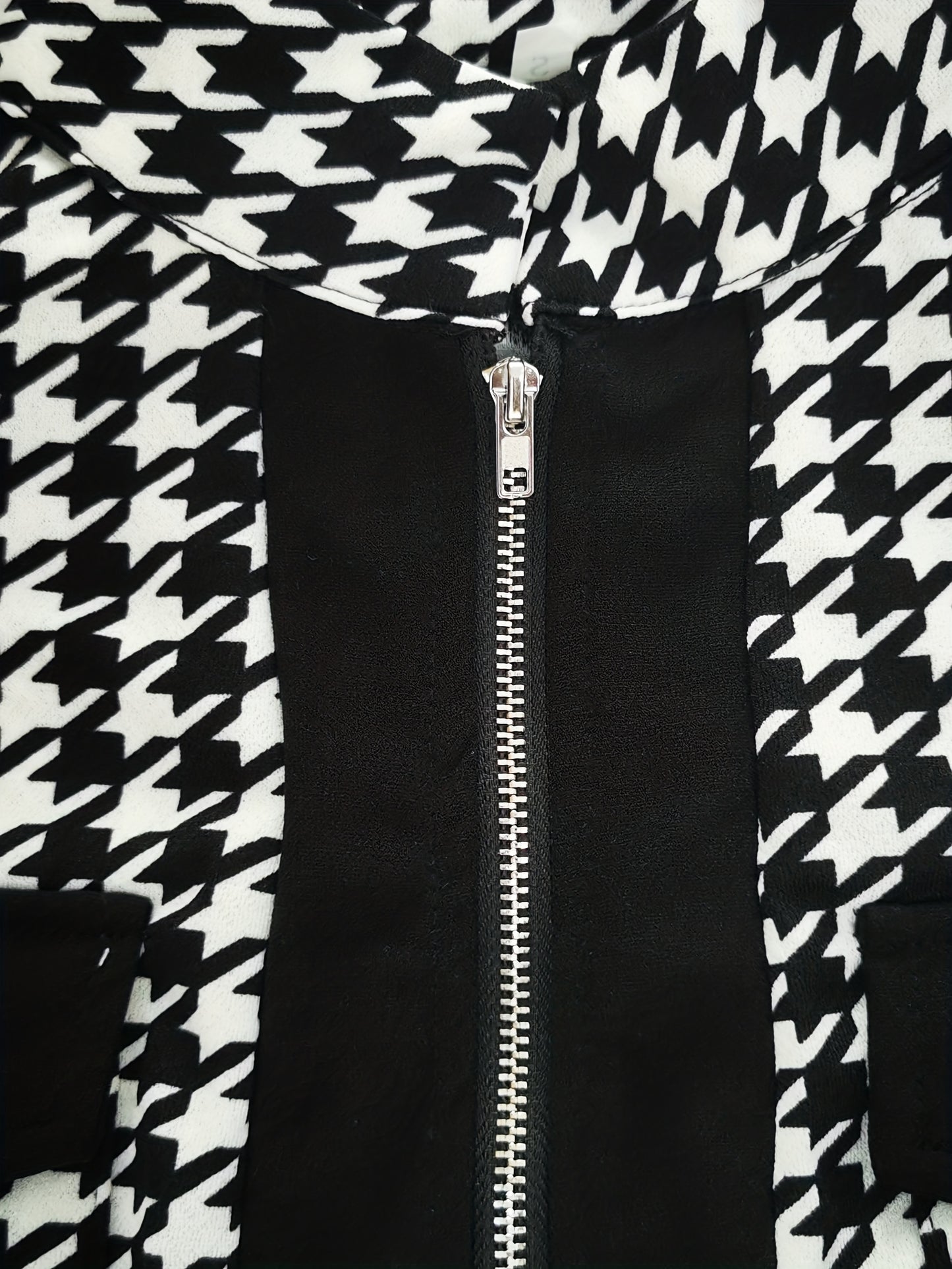Houndstooth elegantes Reißverschluss-Langarmkleid