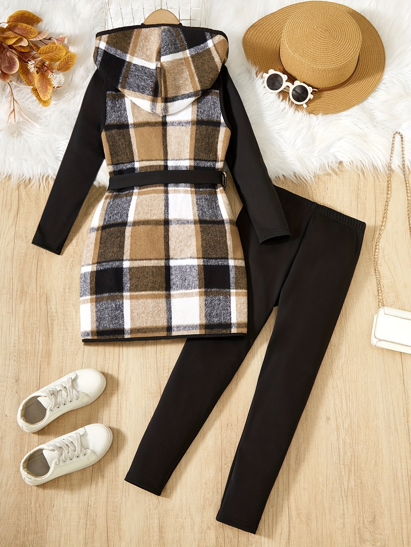 3-teiliges Mädchen-Set, elegante karierte Kapuzenweste + Langarmpullover + Hose