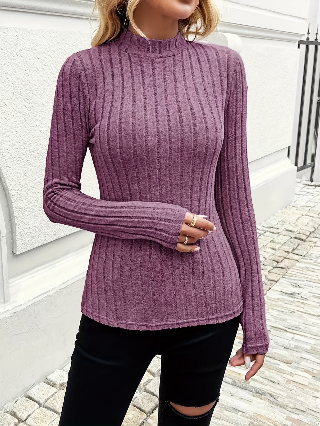 Einfarbiges Long-Shirt mit Rundhalsausschnitt, Pullover Rollkragen