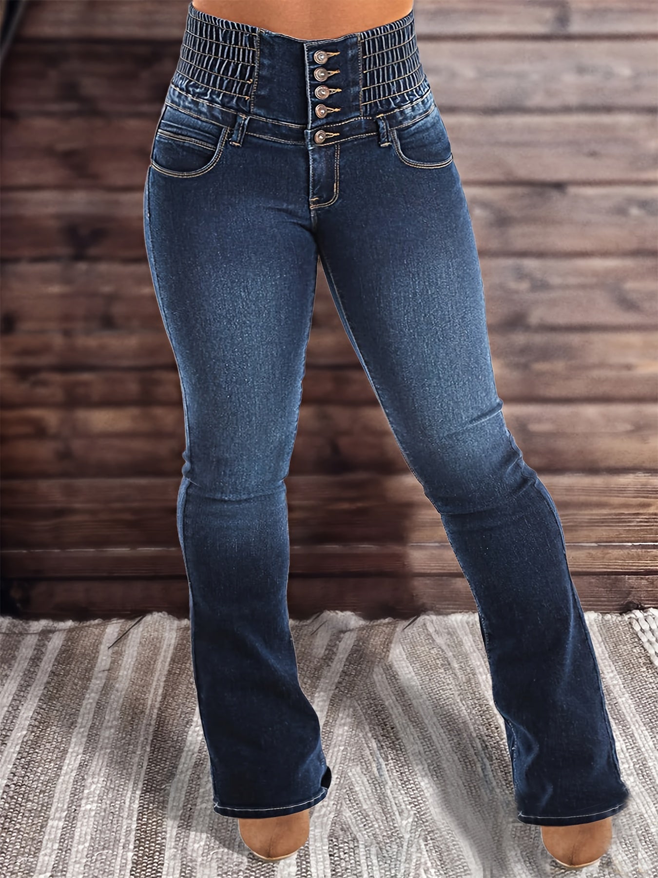 Stretch-Jeans mit hoher Taille und hohem Bund und mehreren Taschen Spandex