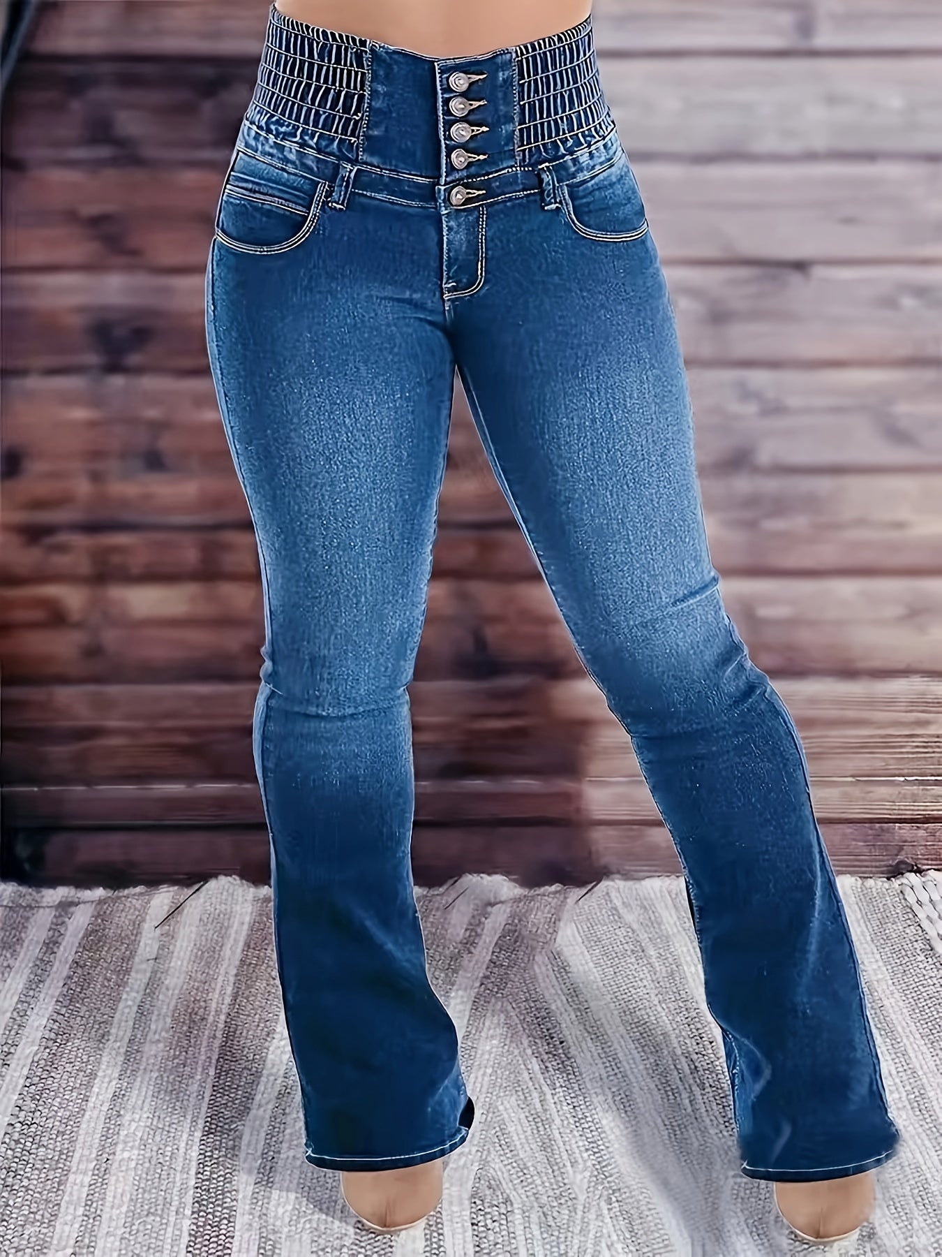 Stretch-Jeans mit hoher Taille und hohem Bund und mehreren Taschen Spandex