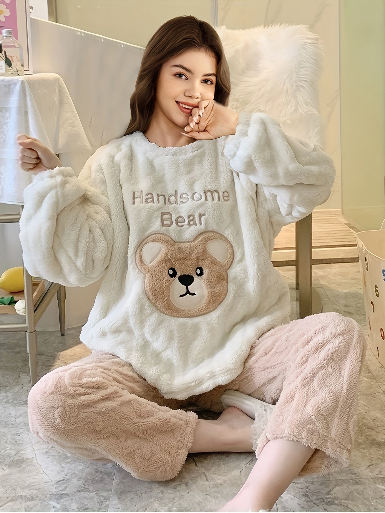 Gemütliches und süßes Fleece-Pyjama-Set mit Bärenmotiv für Teenager Mädchen