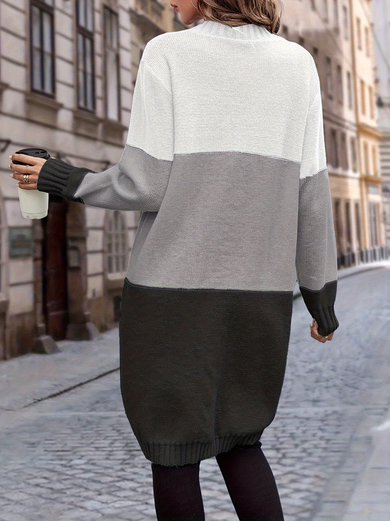 Strickjacke mit Knopfleiste, lässiger Langarm-Longline-Pullover mit Tasche