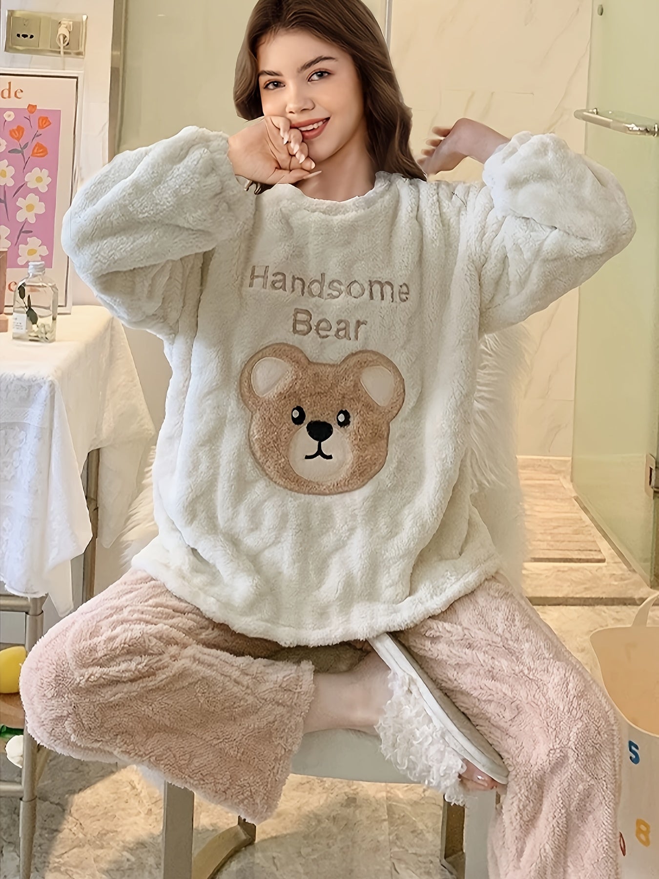 Gemütliches und süßes Fleece-Pyjama-Set mit Bärenmotiv für Teenager Mädchen