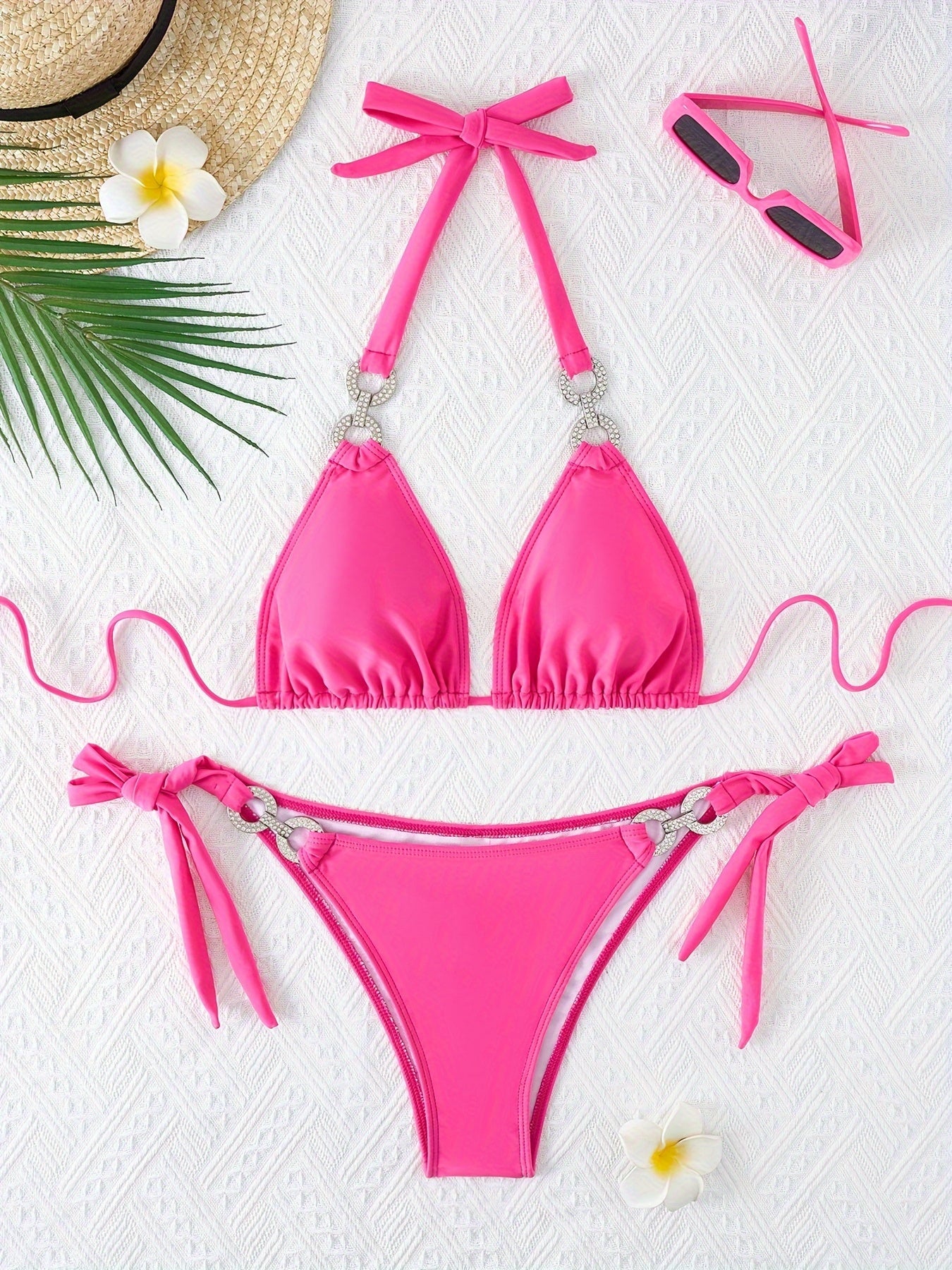 2-teiliges Bikini-Set mit Neckholder und Kettengliedern und Bindeband