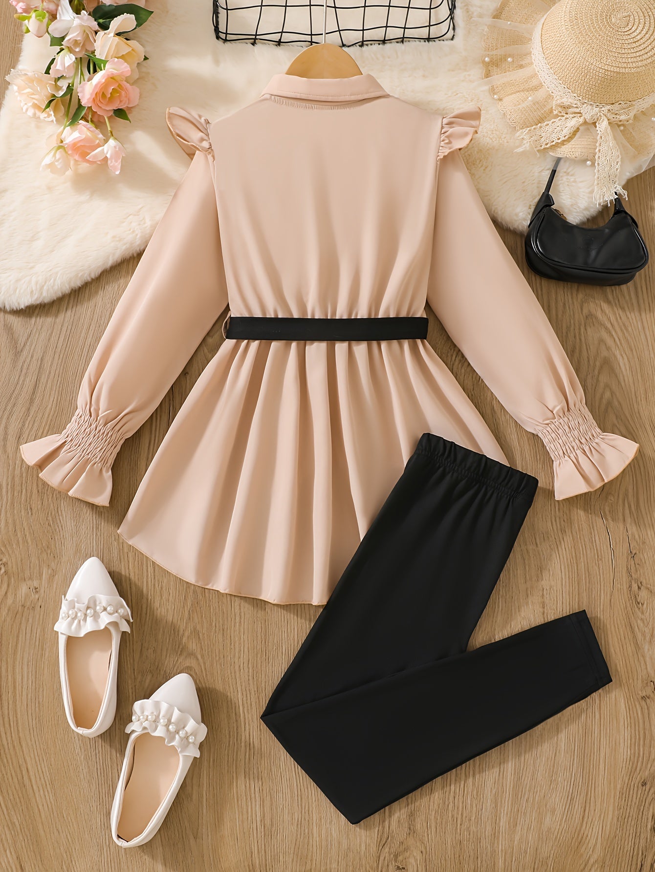 2-tlg. Mädchen-Set Langarm-Schößchen-Bluse-Top + einfarbige Hose