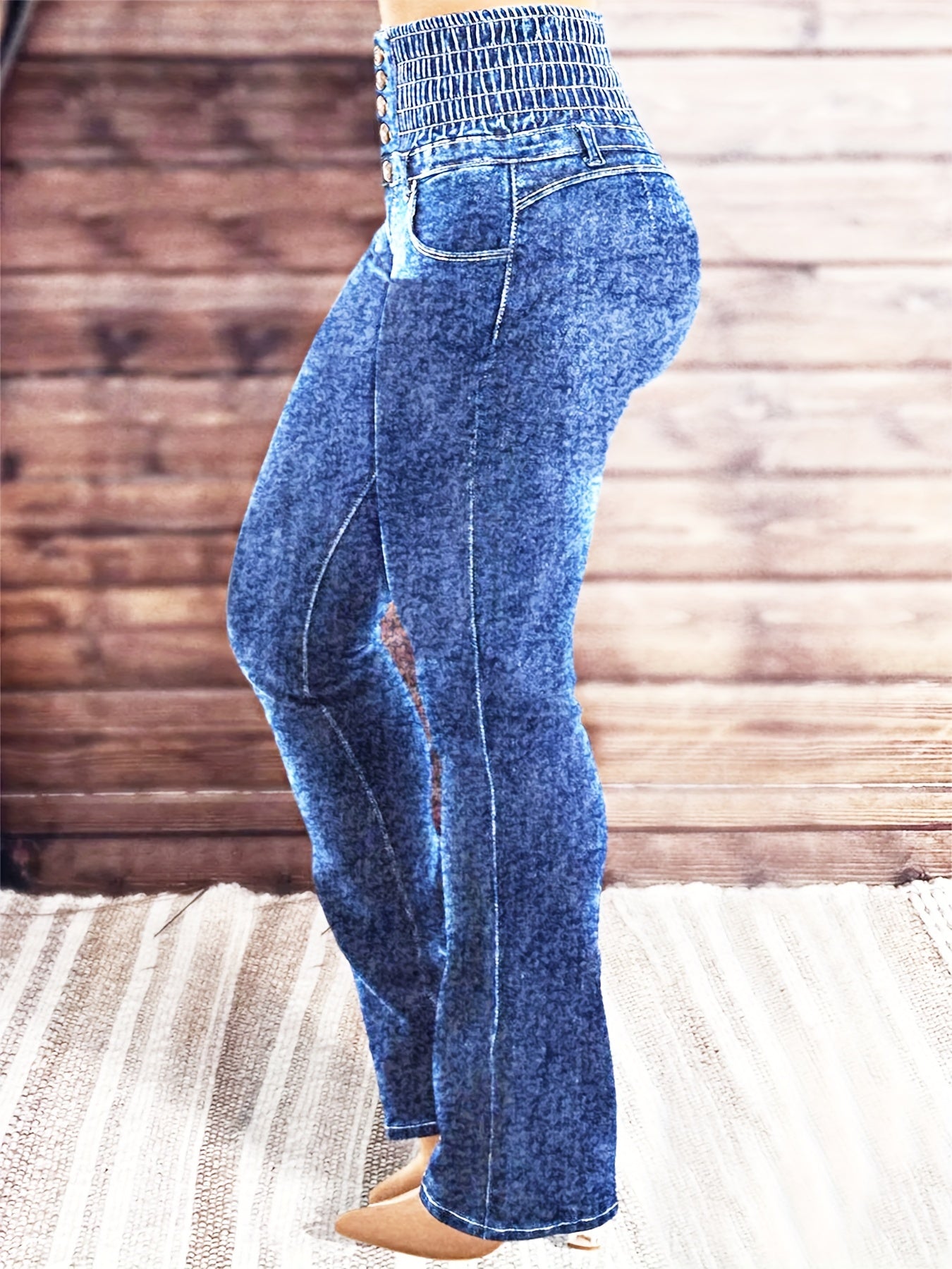 Stretch-Jeans mit hoher Taille und hohem Bund und mehreren Taschen Spandex