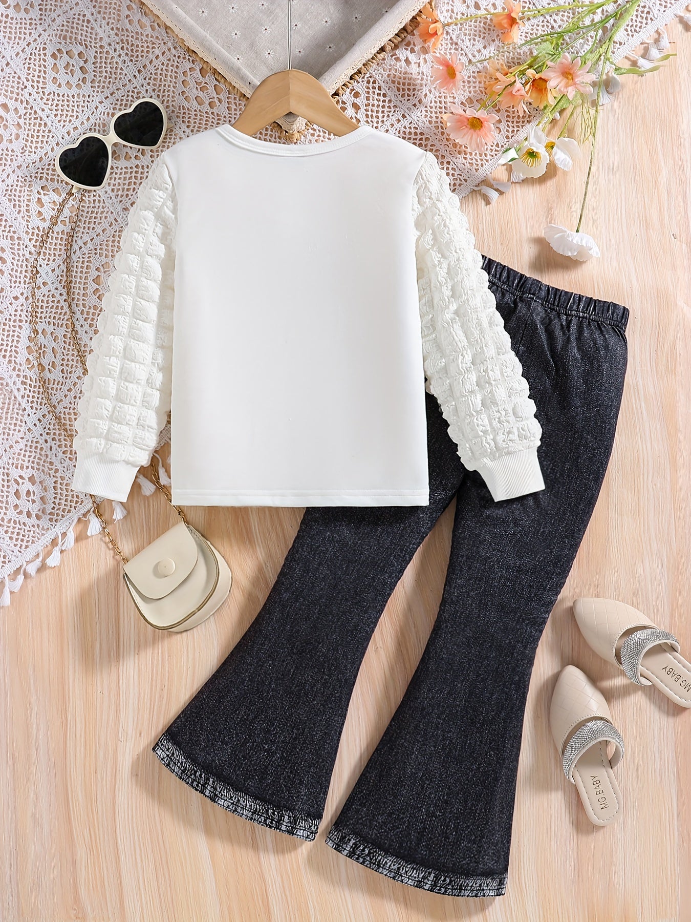 2-teiliges Outfit für Mädchen: Strukturiertes Langarm-Oberteil + Leggings in Denim-Optik