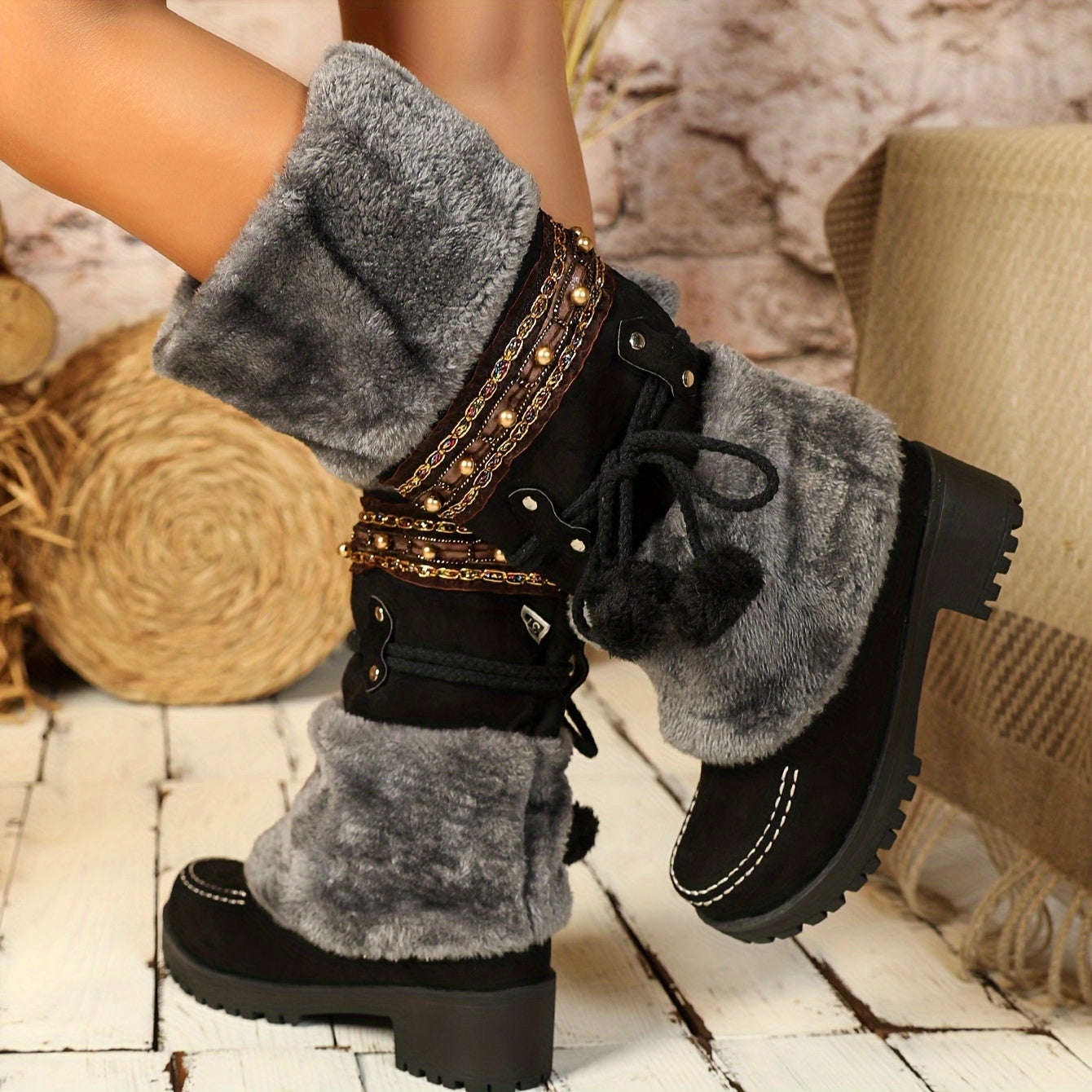 Retro-Schneestiefel für Damen, Stiefel mit Fleece-Pom-Pom-Dekor