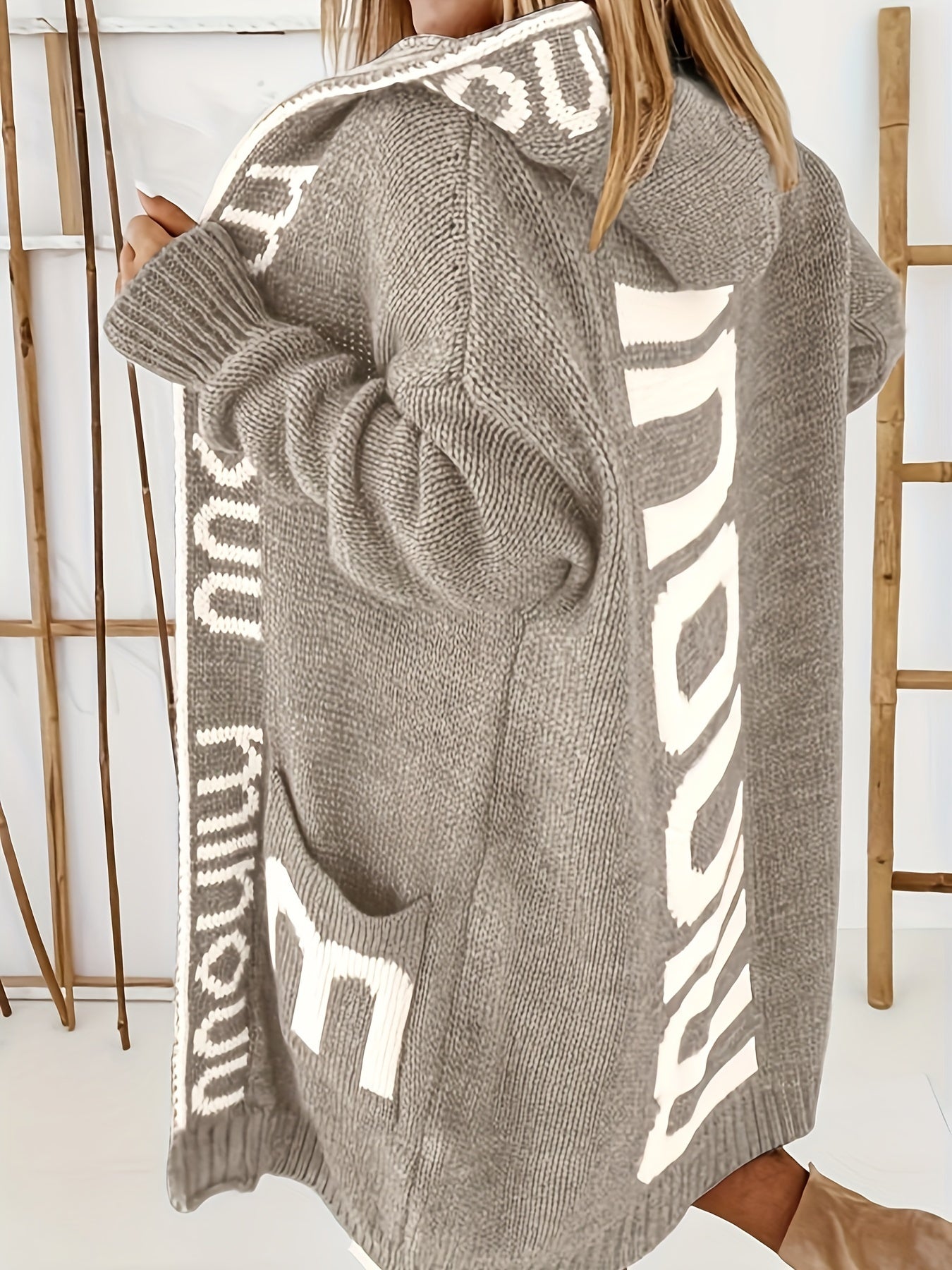 Strickjacke mit Wasserfallkragen, Langarmpullover mit Kapuze und Taschen