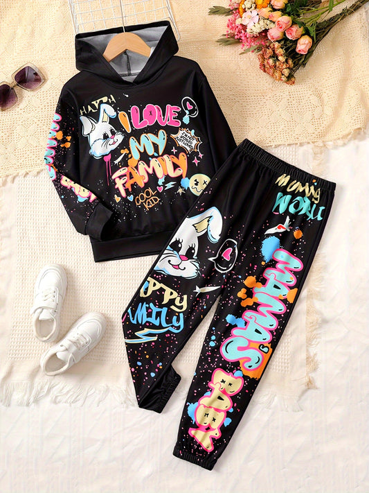 2-teiliges Set / Kapuzenpullover und Hose im Graffiti-Stil für Mädchen