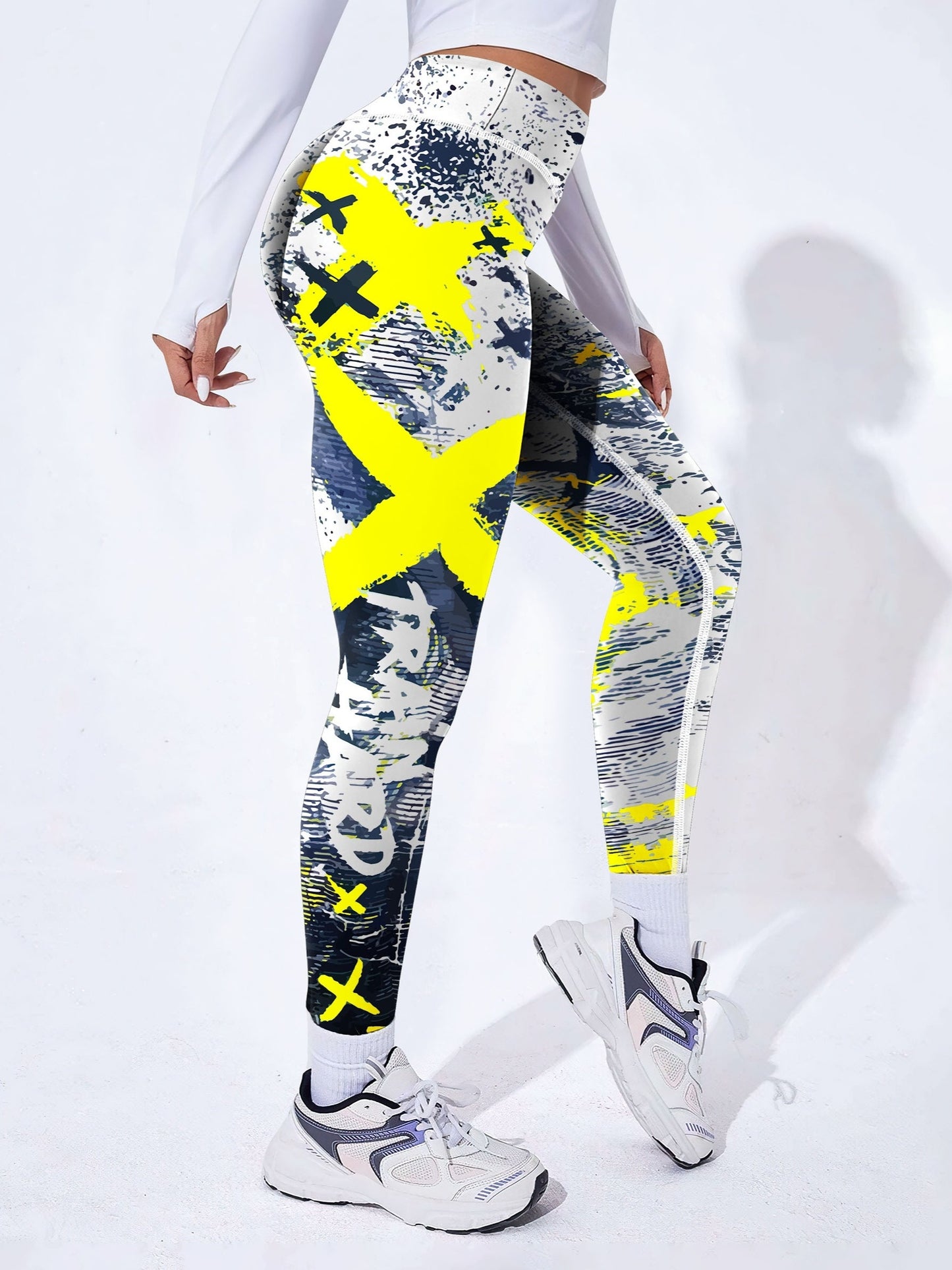 Yoga-Sport-Leggings mit hoher Taille, Farbblock-Graffiti-Design, Po-Lifting