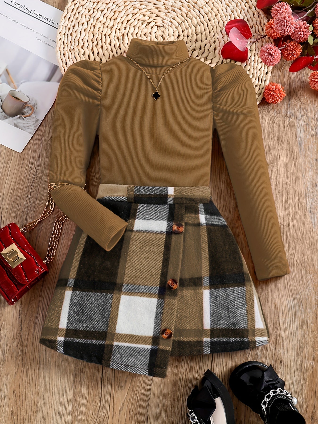 2-teiliges elegantes Mädchen-Outfit, Rollkragenoberteil und Rock mit Karomuster