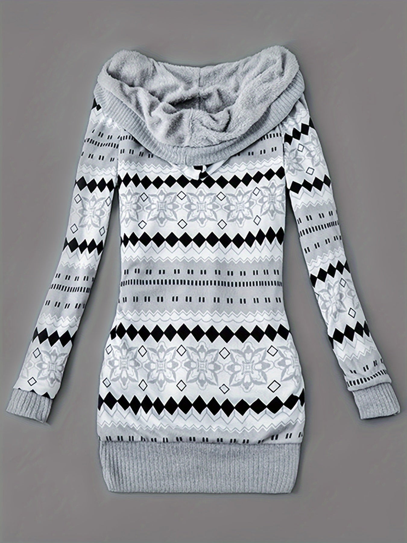 Kapuzenpullover mit Knopfleiste vorne und Geo-Print, lässiger, langärmeliger Cardigan