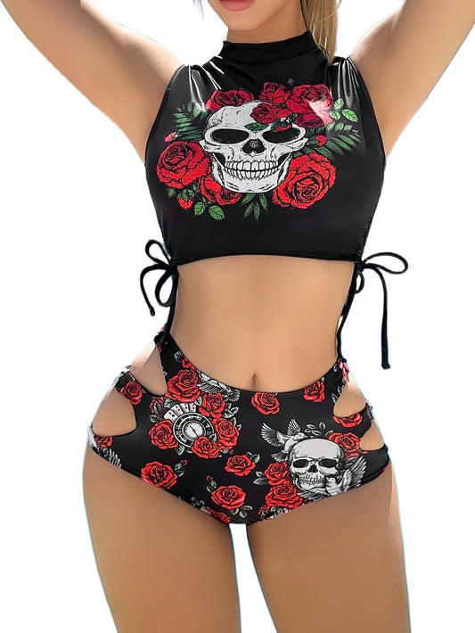 2-teiliges Bikini-Set im Gothic-Punk-Stil mit Rosen-Totenkopf-Print