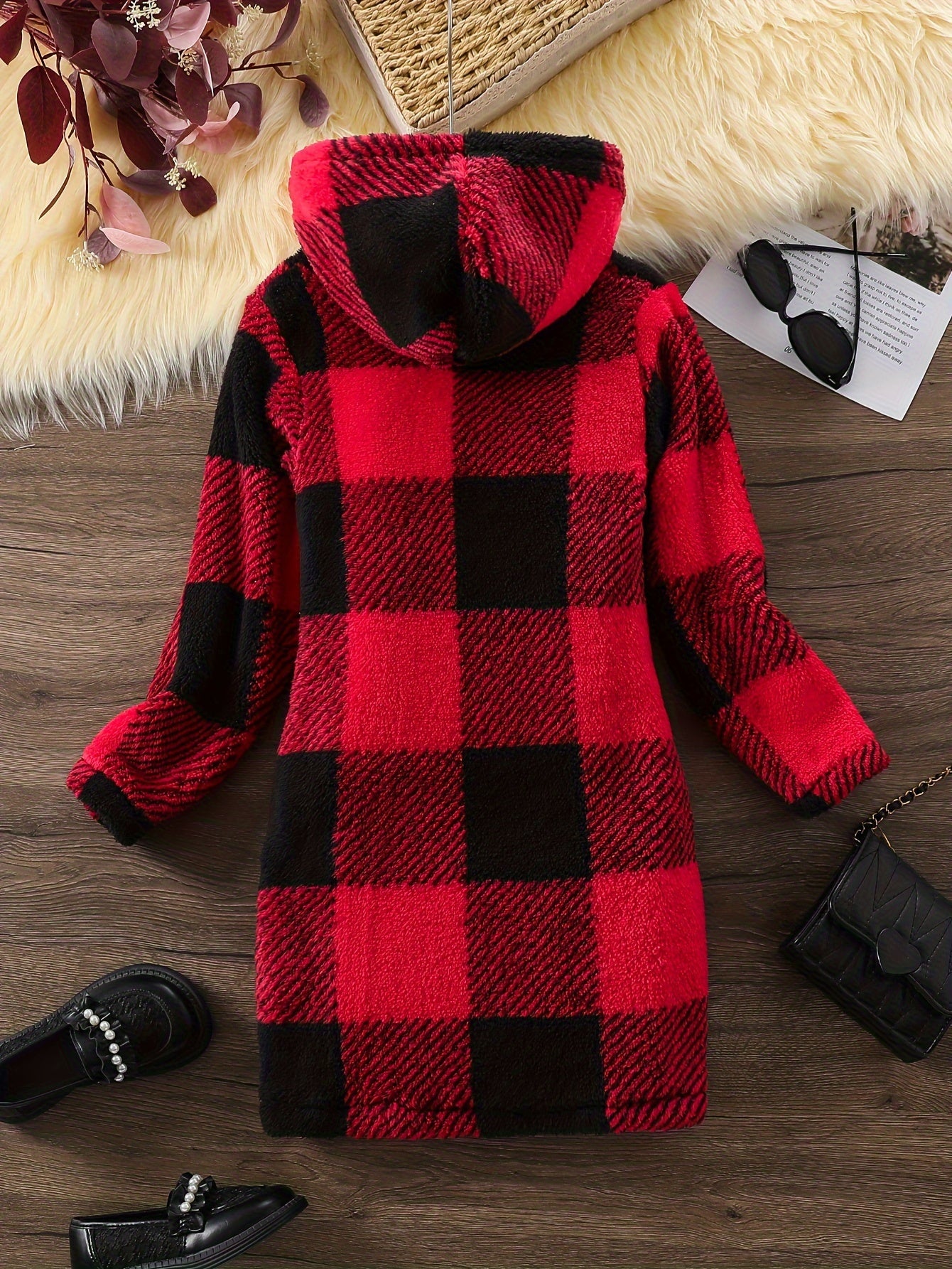 Kariertes Langarmkleid mit Kapuze für Mädchen, bequemes Kleid für Herbst und Winter