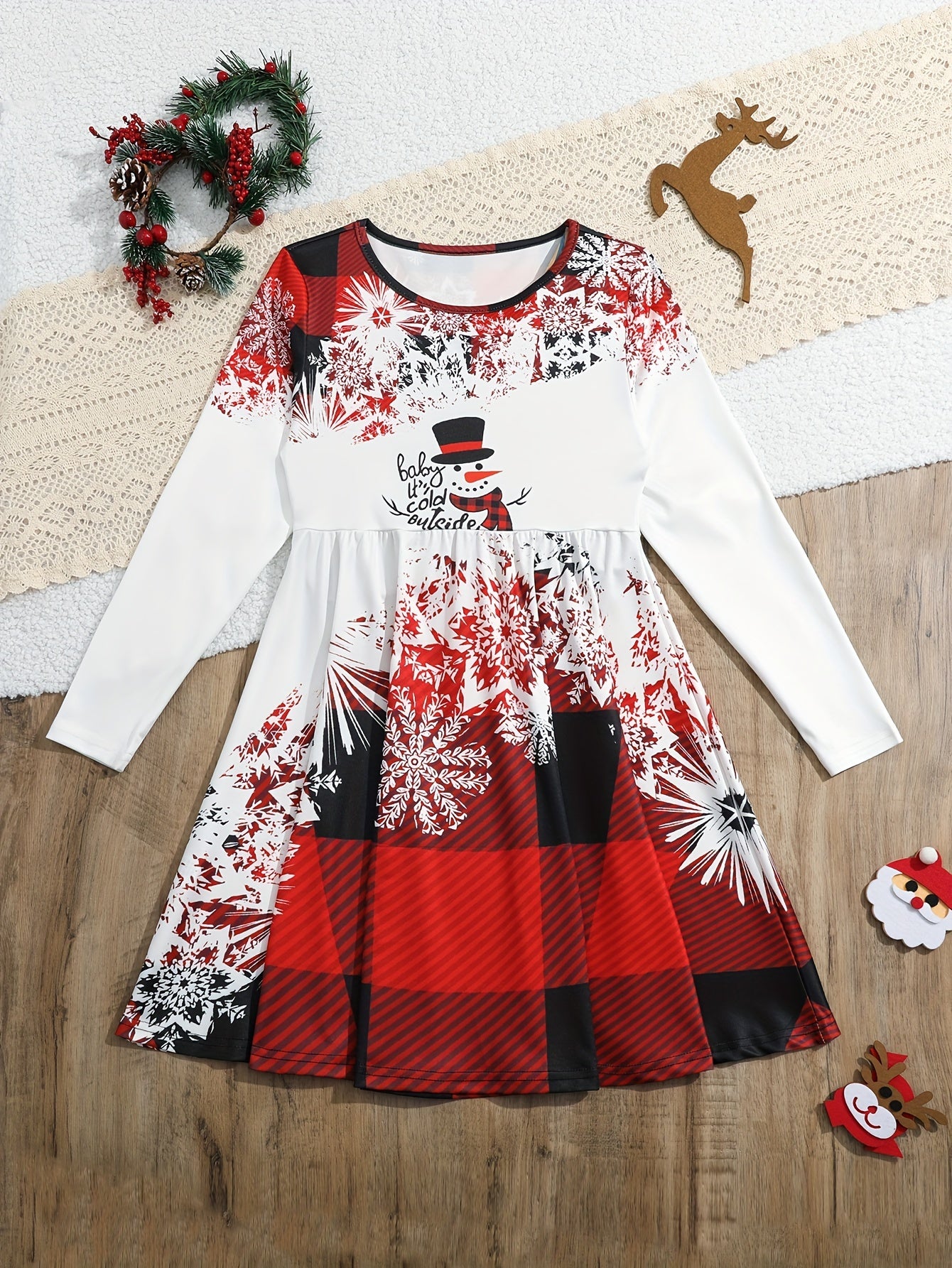 Spleißen Schneemann Langarm Kleid Mädchen Weihnachten / Prinzessin Herbst Winter