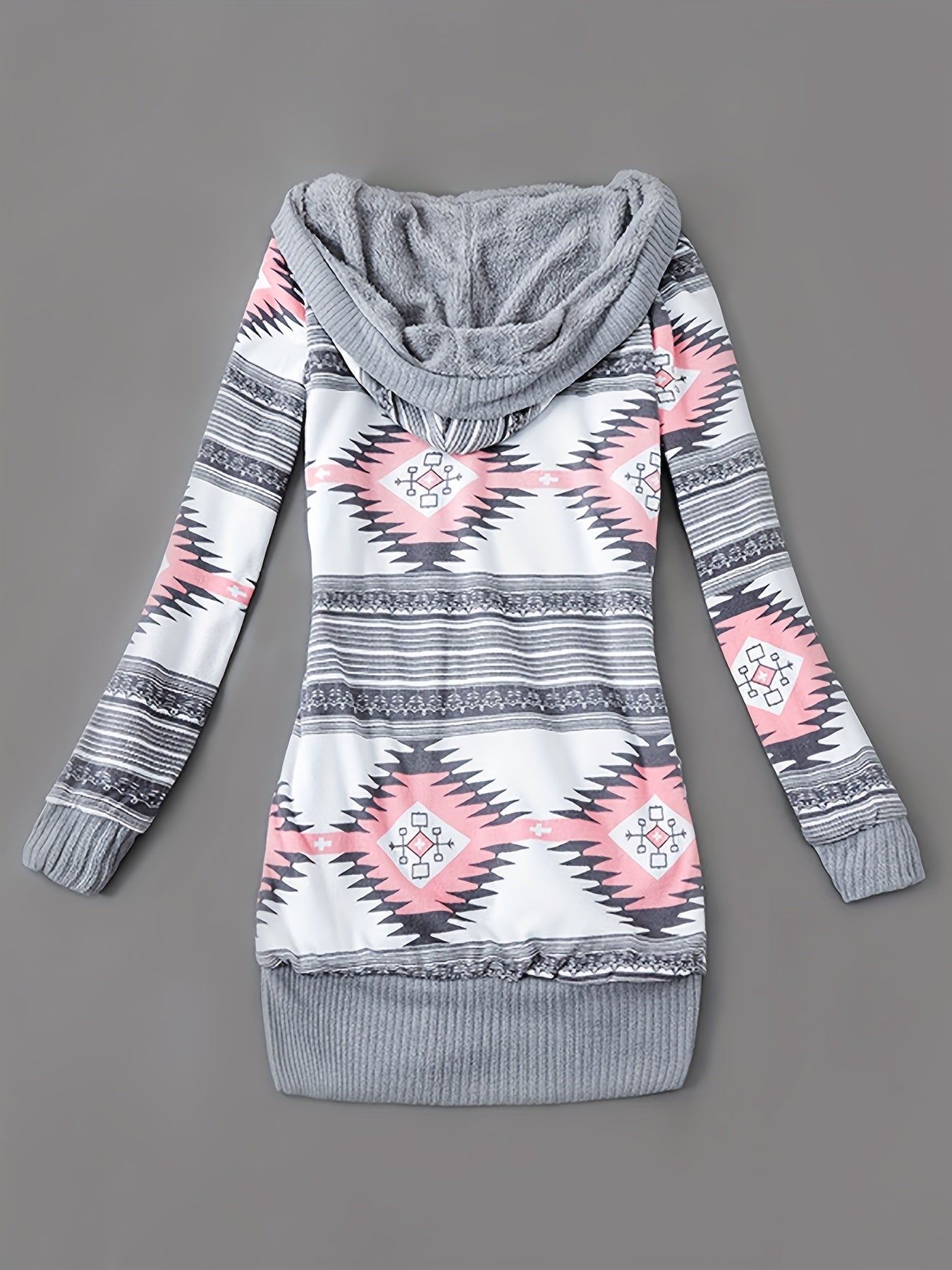 Kapuzenpullover mit Knopfleiste vorne und Geo-Print, lässiger, langärmeliger Cardigan