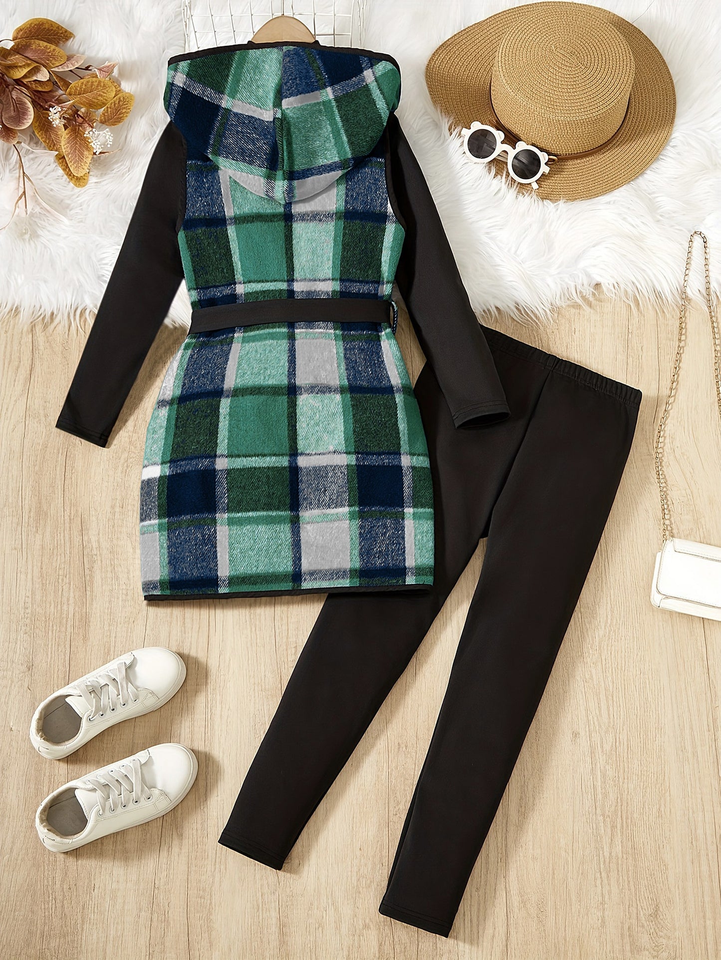 3-teiliges Mädchen-Set, elegante karierte Kapuzenweste + Langarmpullover + Hose