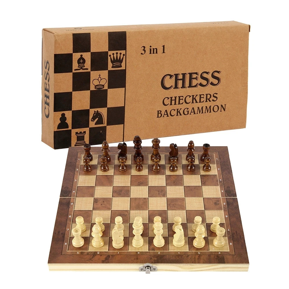 3-in-1-Schachbrett aus Holz (Schach + Dame und Backgammon)