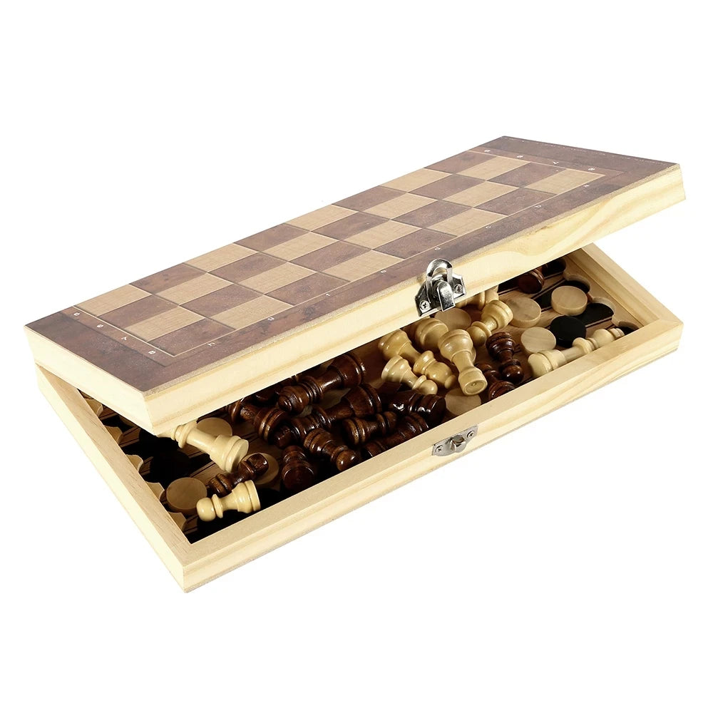 3-in-1-Schachbrett aus Holz (Schach + Dame und Backgammon)