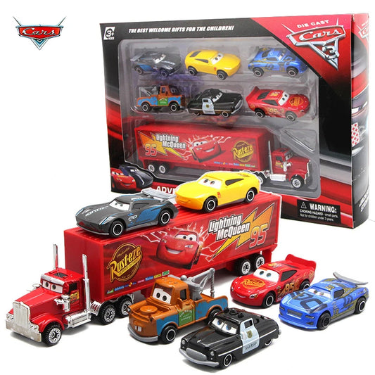 7 teiliges Set Auto Lightning Mc Queen Mack Truck 1:55 Druckguss Metall