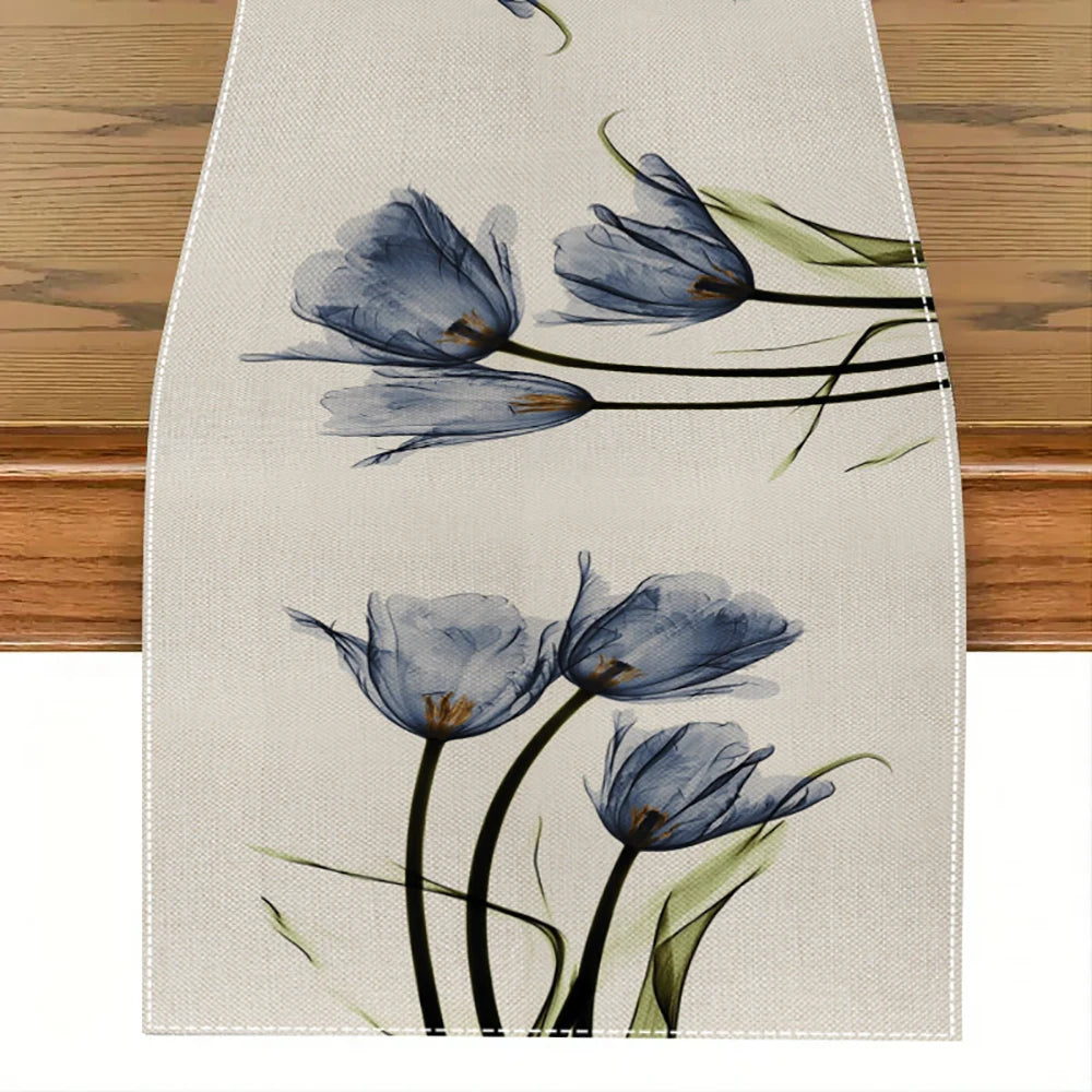 Tulpen-Leinen-Tisch, rustikaler Tischläufer im Bauernhaus-Stil
