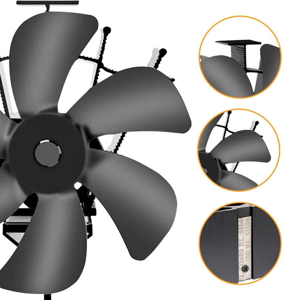 Wärme betriebener Herd Ventilator eco leise schwarz 6 Flügel Kaminventilator