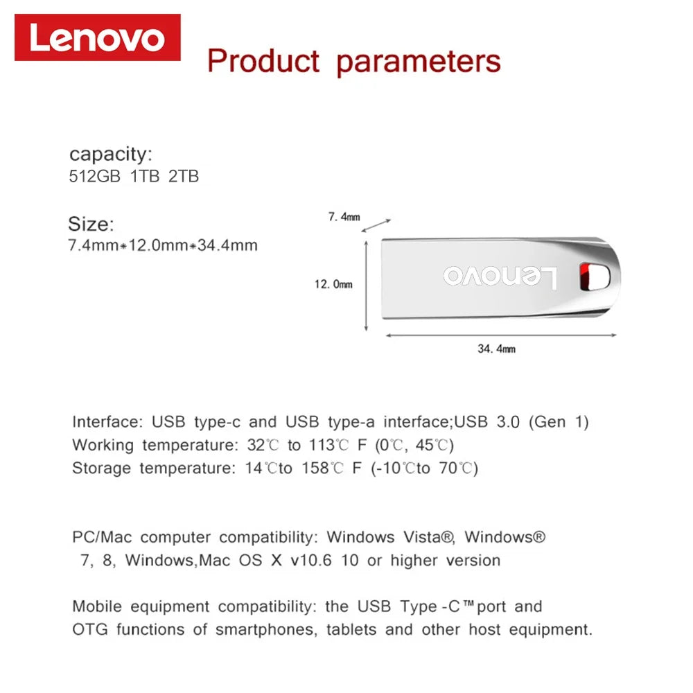Lenovo Flash Drives 2TB Usb 3.0 Mini High Speed Metal