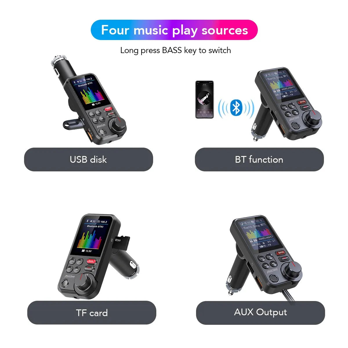 1,8 Zoll Wireless Auto Bluetooth FM Sender Aux unterstützt QC3.0
