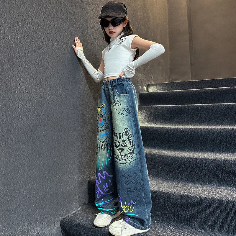Kinder Jeans für Mädchen Mode Graffiti Färben 2024 Frühling Herbst