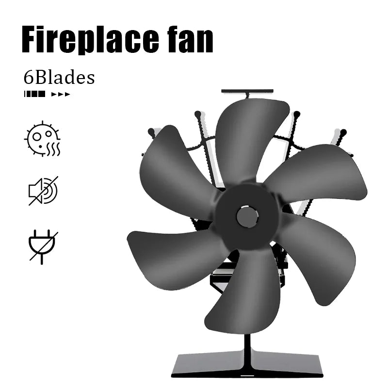Wärme betriebener Herd Ventilator eco leise schwarz 6 Flügel Kaminventilator
