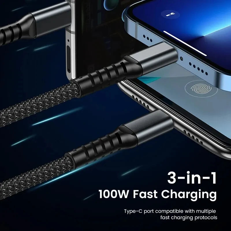 100/66W 3 in 1 Cable Micro USB Type C Cable for iPhone 15 14 13 Pro Max Huawei