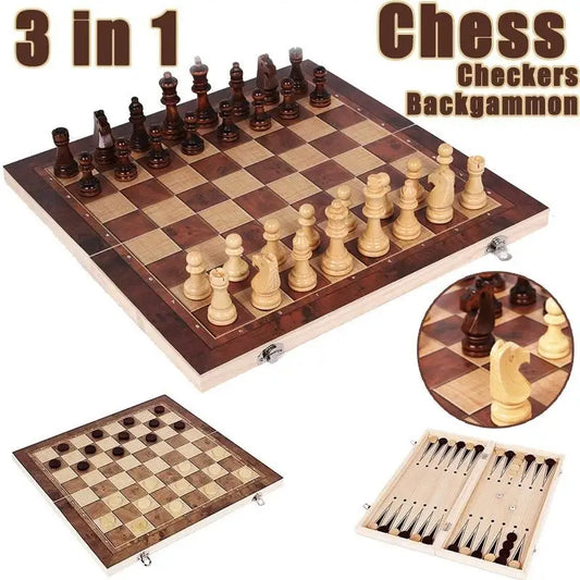 3-in-1-Schachbrett aus Holz (Schach + Dame und Backgammon)