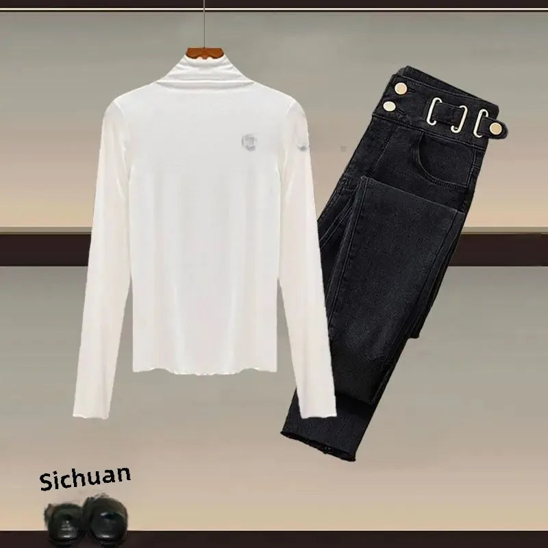 Damen-Strickwestenhemd, vielseitige Jeans, dreiteiliges Set, Slim Fit-Strickwaren