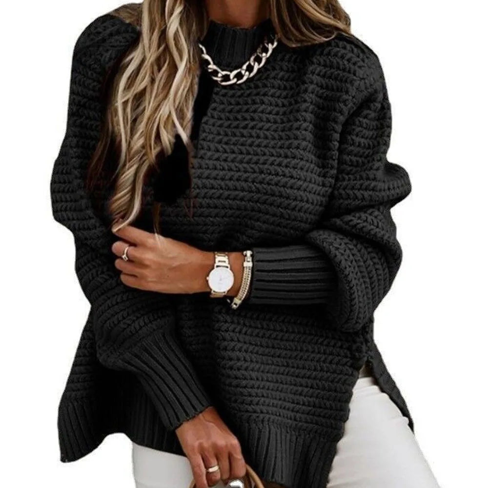 Damen Rollkragenpullover mit langen Laternenärmeln, seitlicher Schlitz