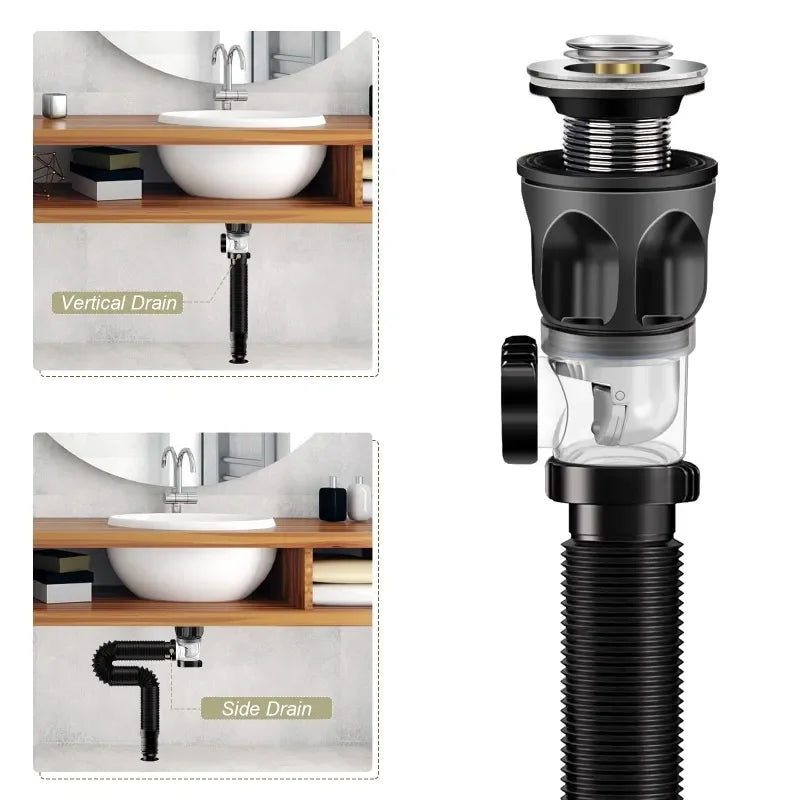 Flip-Top-Abfluss für Küchenspüle, einziehbarer, desodorierender Filter, flexibles Fallrohr