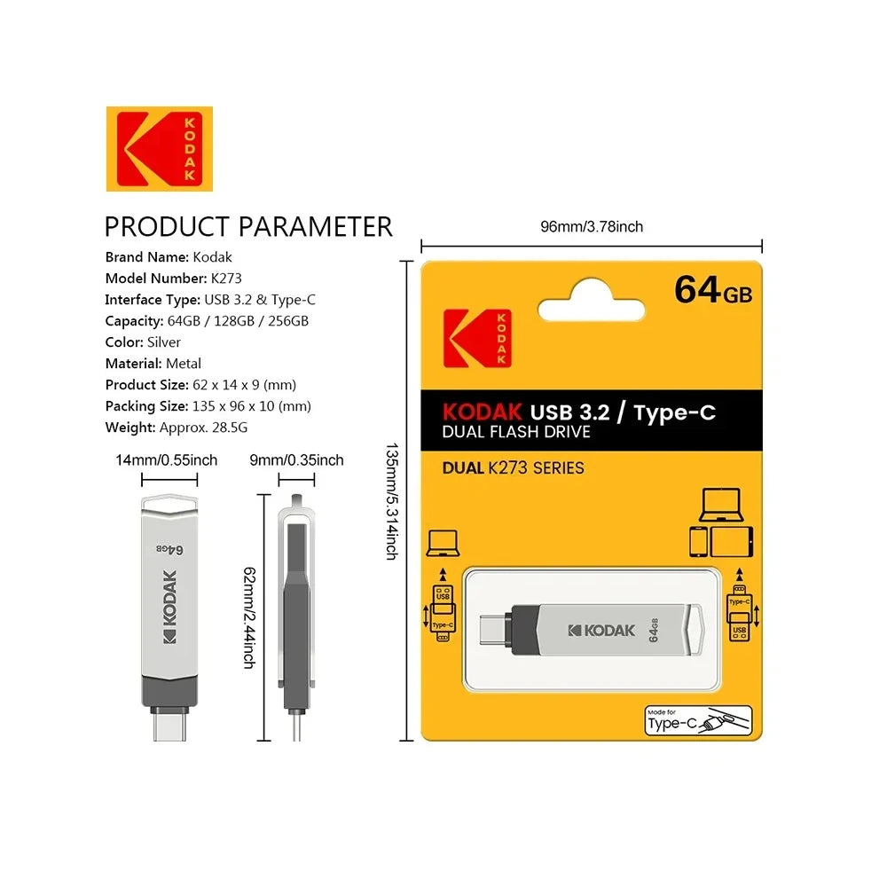 KODAK USB3.2 Type C Flash Drive 256GB 128GB 32GB Pendrive