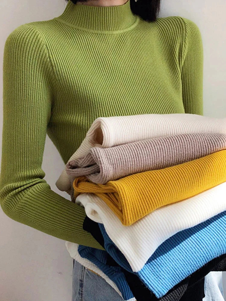 Herbst Winter Mock Neck Frauen Pullover Vintage Basic solide Strick
