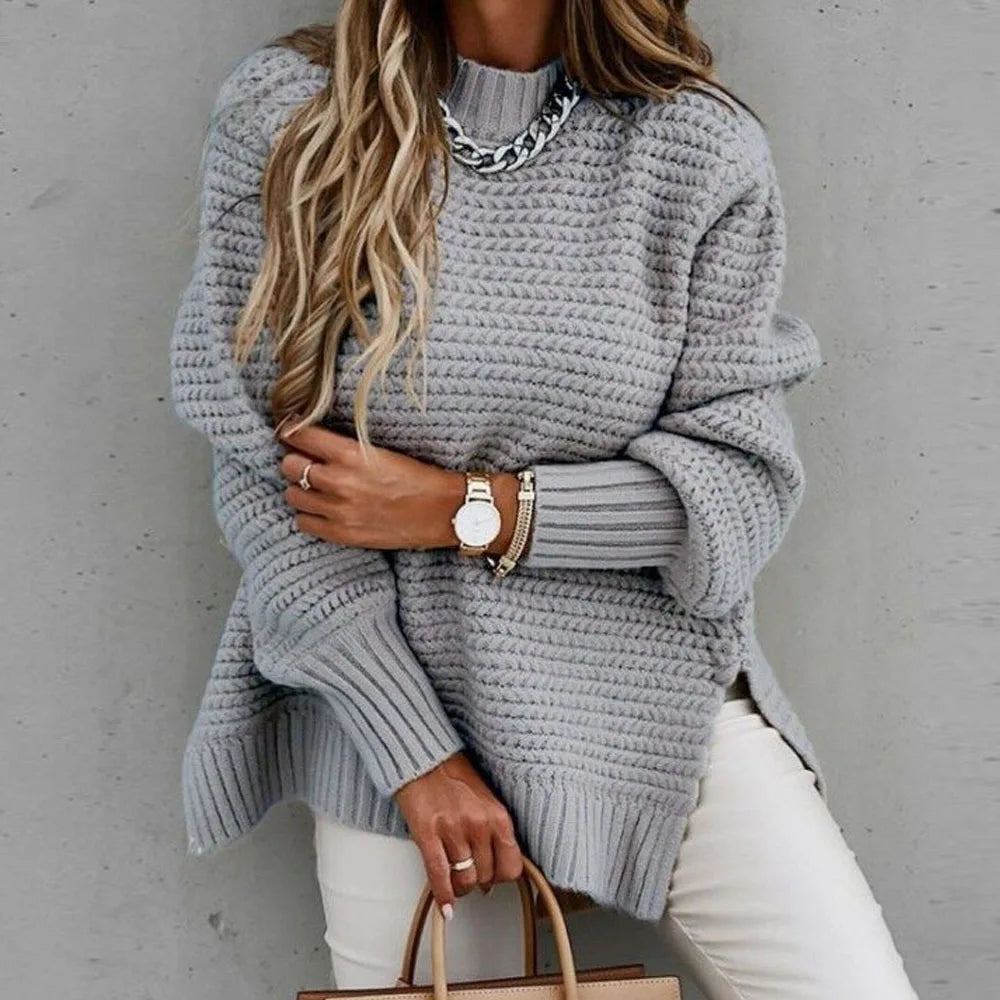 Damen Rollkragenpullover mit langen Laternenärmeln, seitlicher Schlitz