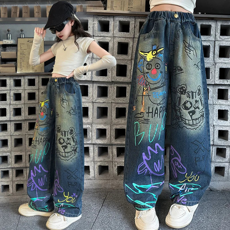 Kinder Jeans für Mädchen Mode Graffiti Färben 2024 Frühling Herbst