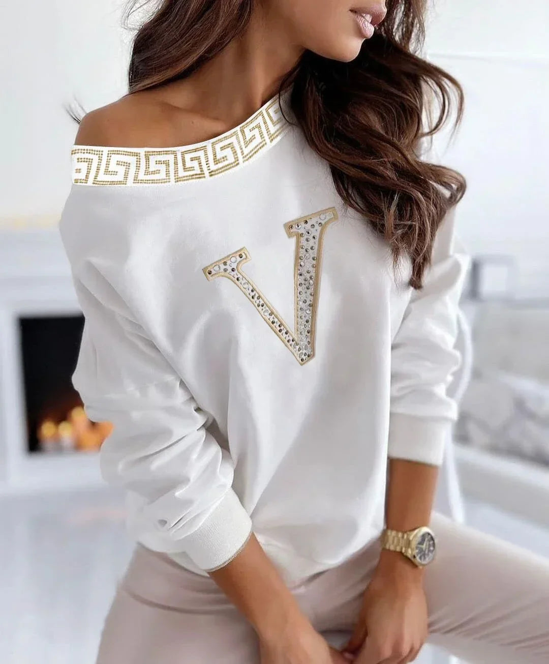 Casual Frauen Top Strass V Muster