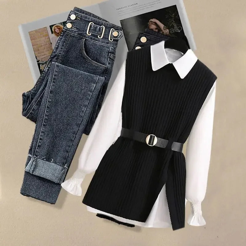 Damen-Strickwestenhemd, vielseitige Jeans, dreiteiliges Set, Slim Fit-Strickwaren