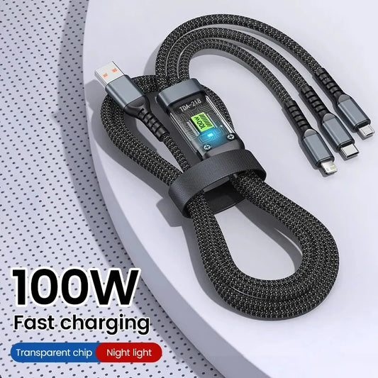 100/66W 3 in 1 Cable Micro USB Type C Cable for iPhone 15 14 13 Pro Max Huawei