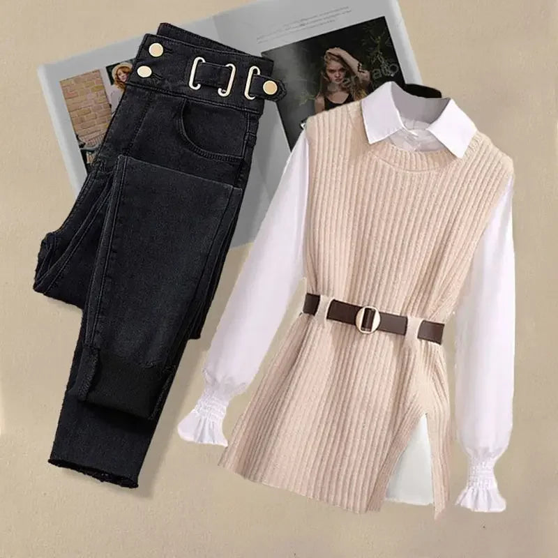Damen-Strickwestenhemd, vielseitige Jeans, dreiteiliges Set, Slim Fit-Strickwaren