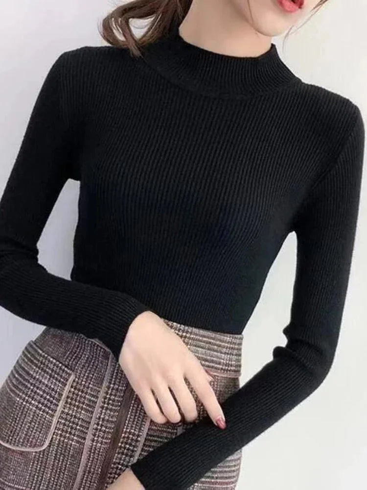 Herbst Winter Mock Neck Frauen Pullover Vintage Basic solide Strick