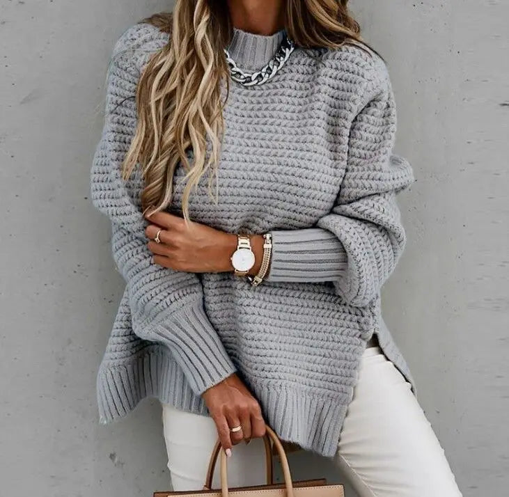 Damen Rollkragenpullover mit langen Laternenärmeln, seitlicher Schlitz